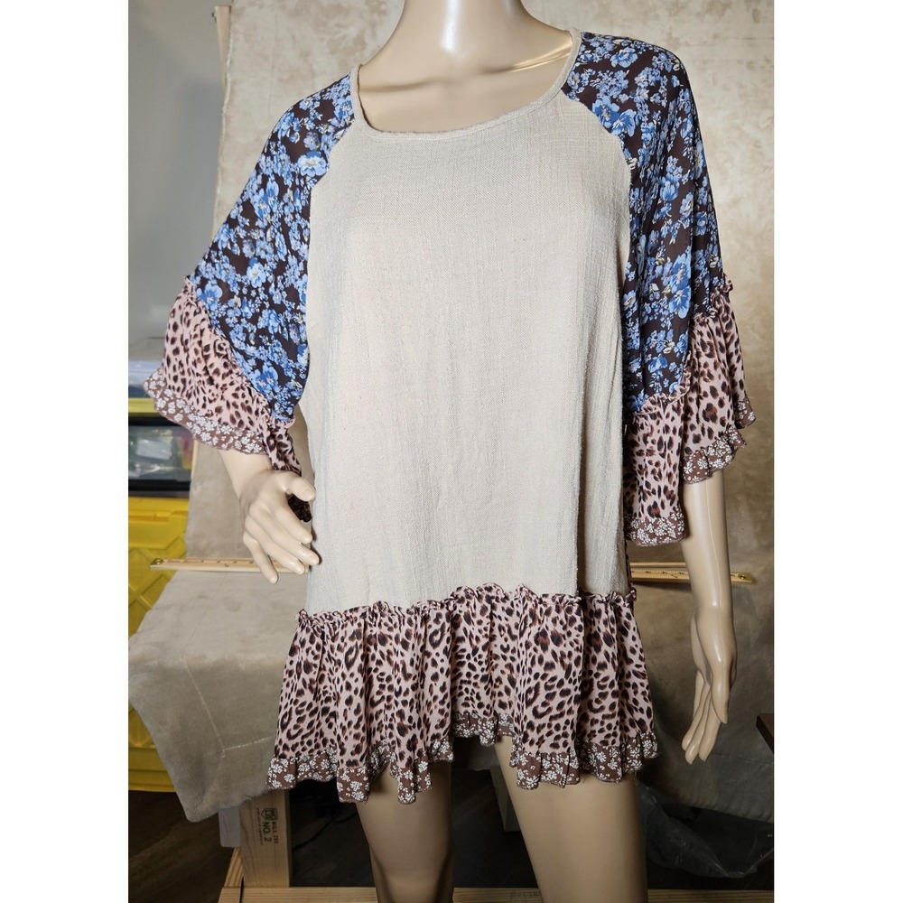 Umgee Womens Mixed Print Floral Leopard Tunic Top Linen Blend Size L K5024